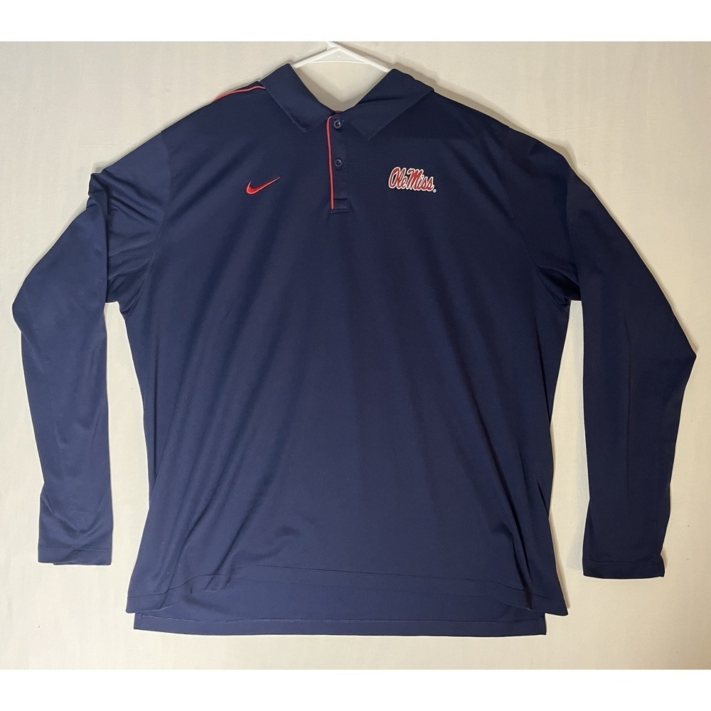 Nike On Field Ole Miss Rebels Polo Shirt Men's Size 2XL Blue Long Sleeve Sports